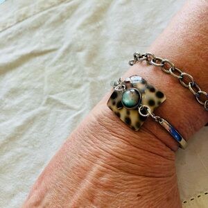 Handmade Seashell and Cabochon Silver Bracelet 7 1/2 Inches 2 Inch Extender